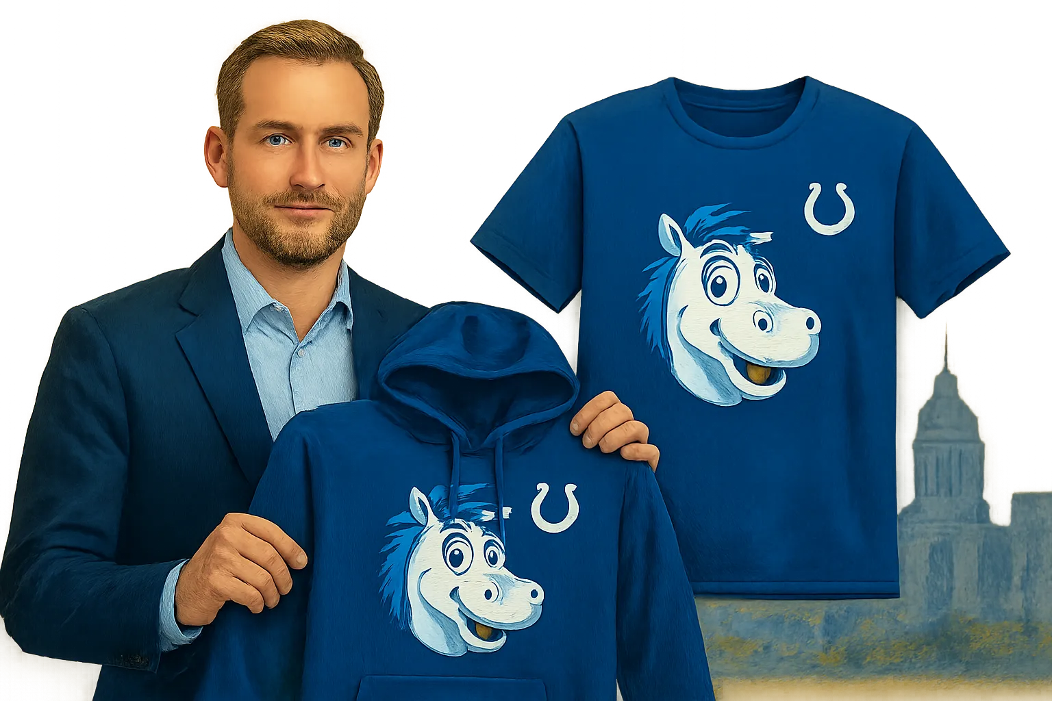 AI-generated illustration of the topic: Colts partner with Lobster & Lemonade for Europe-only 'Blue Collection' apparel, on sale Oct. 1