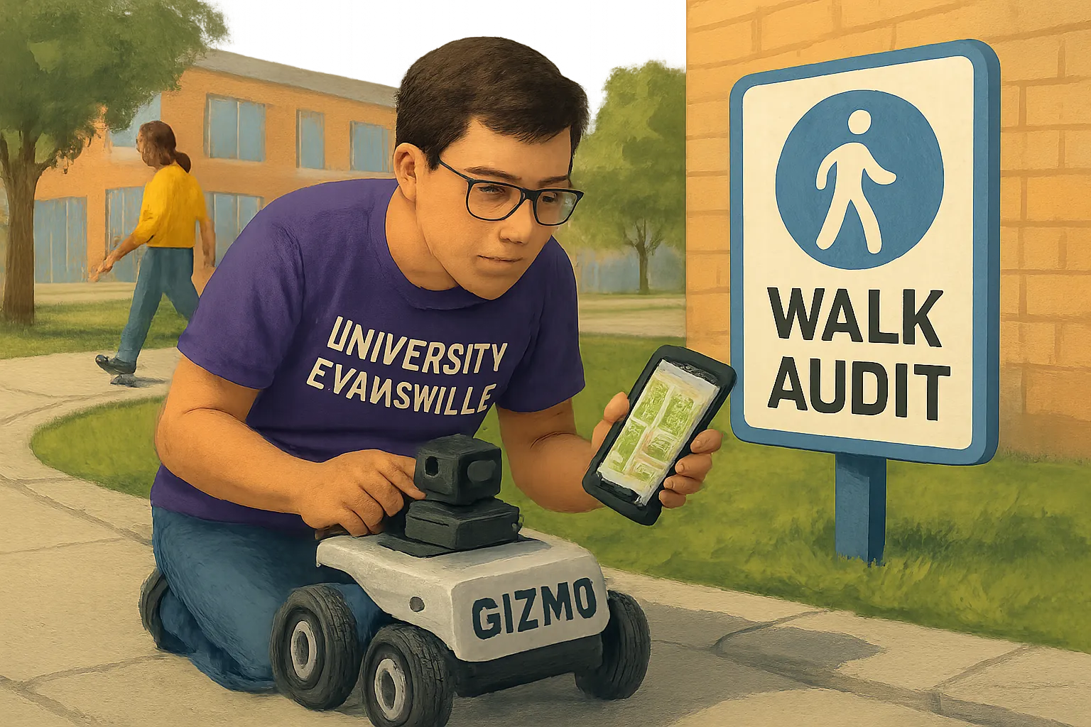 AI-generated illustration of the topic: University of Evansville students build AI and robot tools to map sidewalk access for Evansville planners