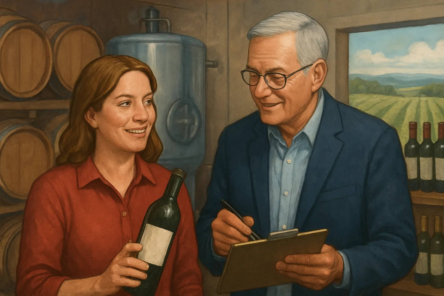 AI-generated illustration of the topic: Carmel SCORE mentor helps Lafayette’s Wildcat Creek Winery move from losses to $5,000/month