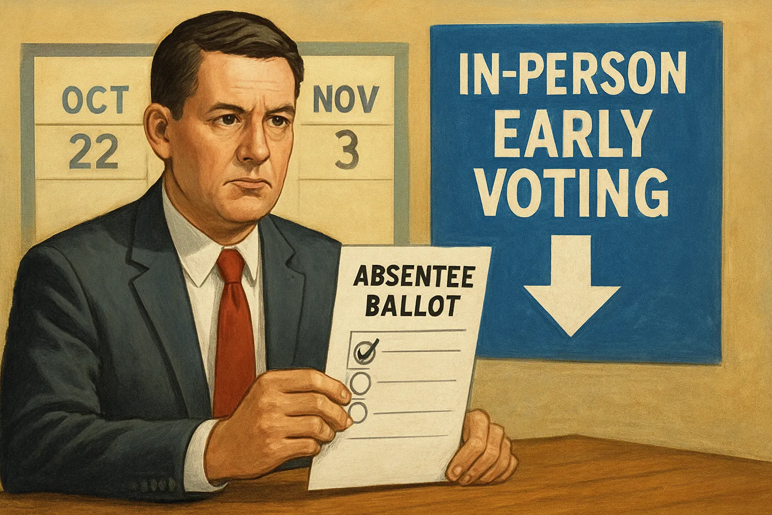 AI-generated illustration of the topic: Indiana employers may not assist with absentee ballots; state posts in-person early-voting window and Nov. 3, 2026 application deadlines