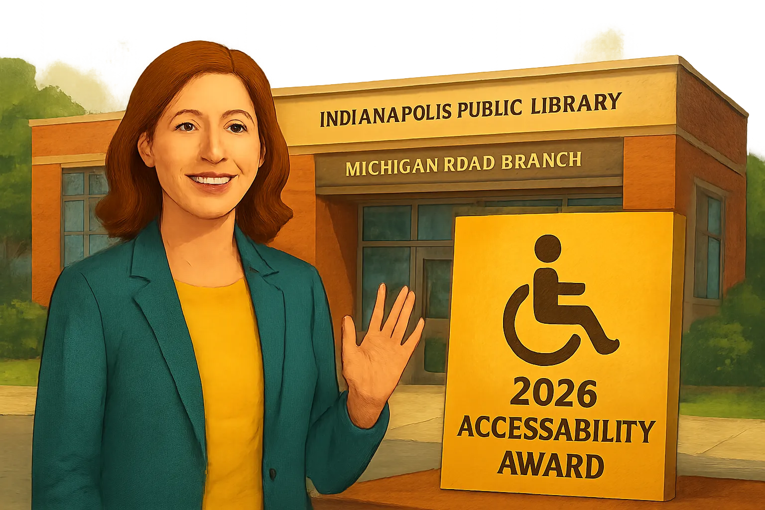 AI-generated illustration of the topic: Indianapolis Public Library’s Michigan Road Branch named 2026 AccessAbility Award recipient, highlighting inclusive employment