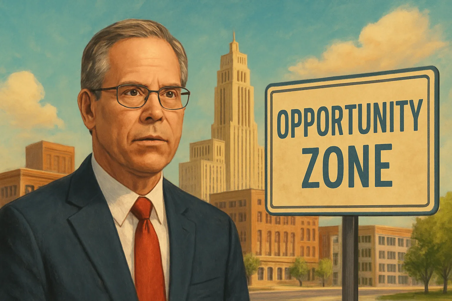 AI-generated illustration of the topic: Braun nominates downtown Columbus for Opportunity Zone, advancing Downtown 2030 redevelopment plans