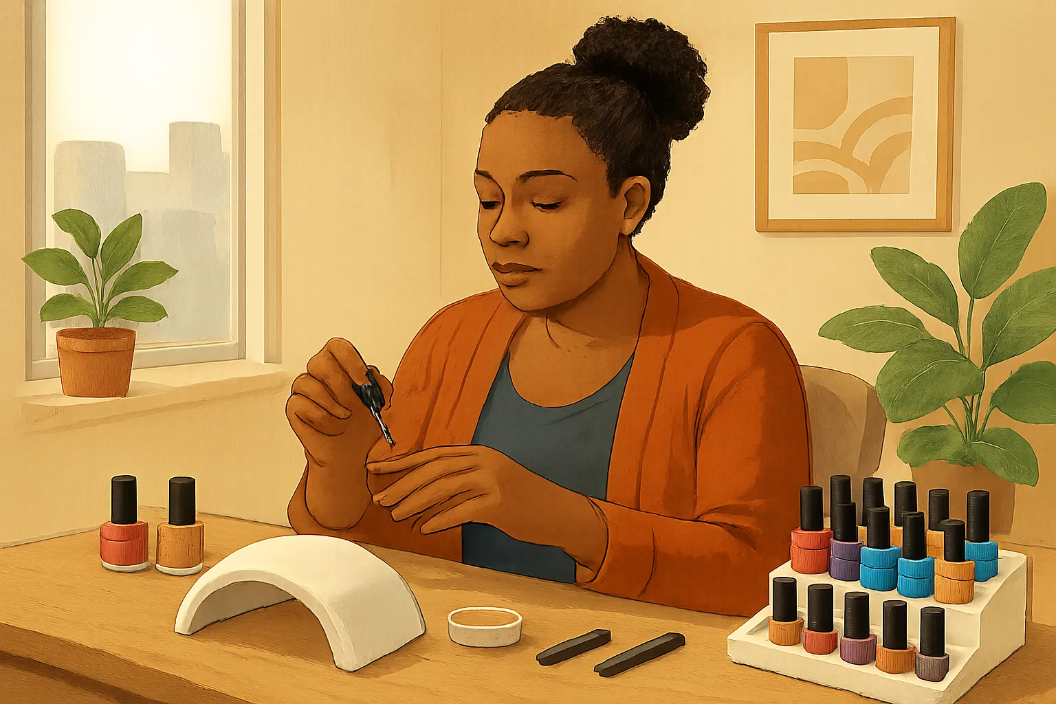 AI-generated illustration of the topic: Black Coffee Nails in downtown Indianapolis blends gel nail art with therapy services
