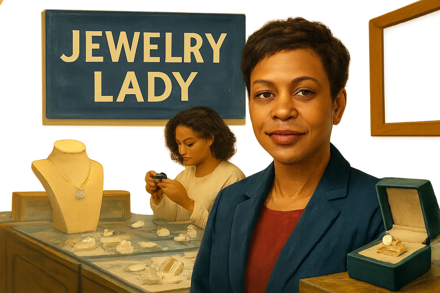 AI-generated illustration of the topic: Indianapolis family-owned Jewelry Lady highlighted for custom fine jewelry, repairs and consulting