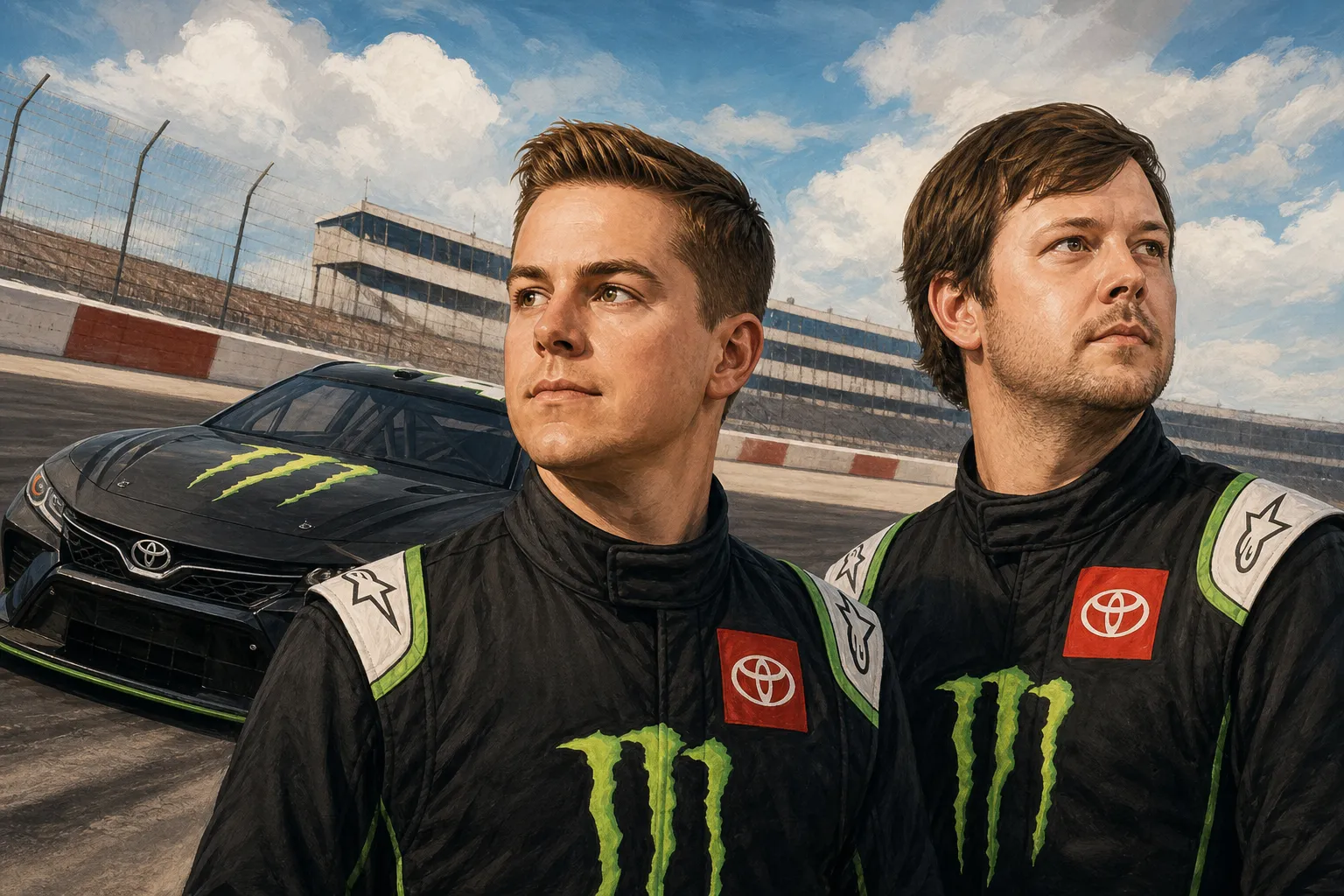 AI-generated illustration of the topic: Legacy Motor Club previews Cook Out Southern 500 — Nemechek’s 100th Toyota Cup start; Erik Jones a two-time Southern 500 winner