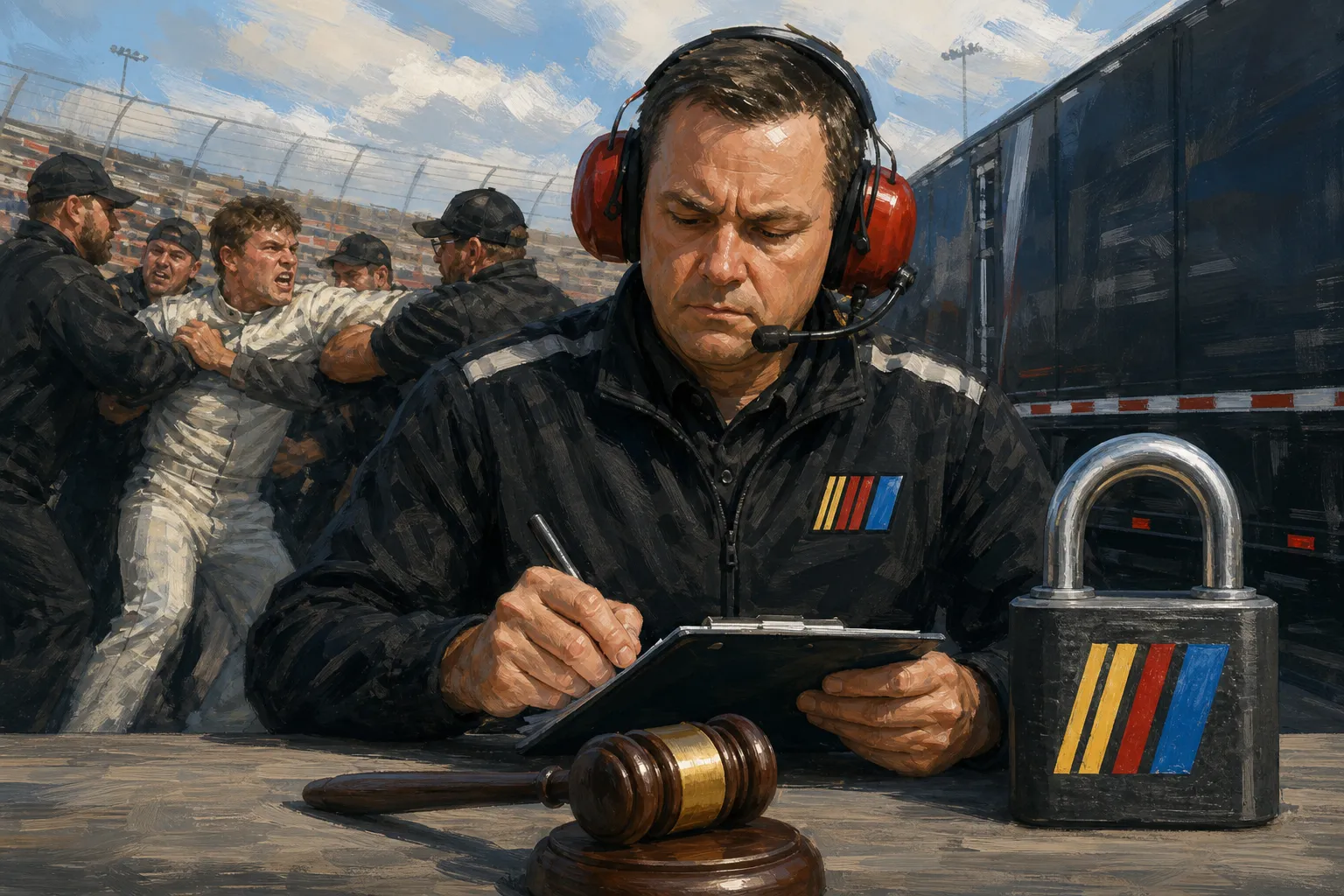 AI-generated illustration of the topic: NASCAR issues seven penalties after Martinsville fights; two suspended from 2027 ValleyStar Credit Union 300