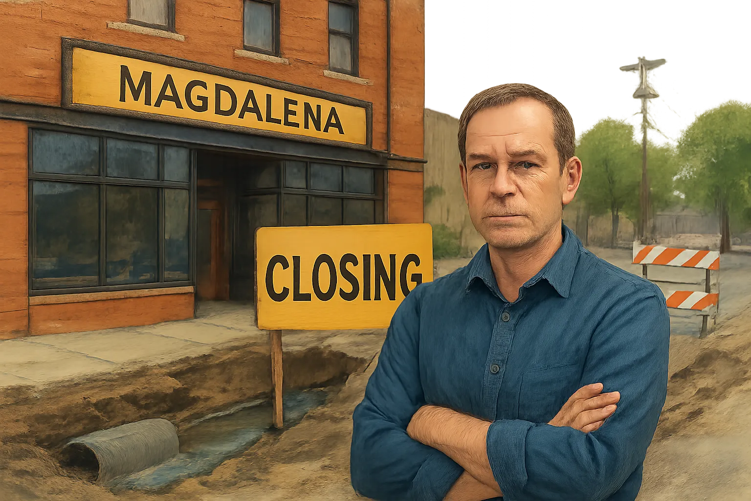 AI-generated illustration of the topic: Fountain Square restaurant Magdalena to close Oct. 6, owner blames Shelby Street drainage project