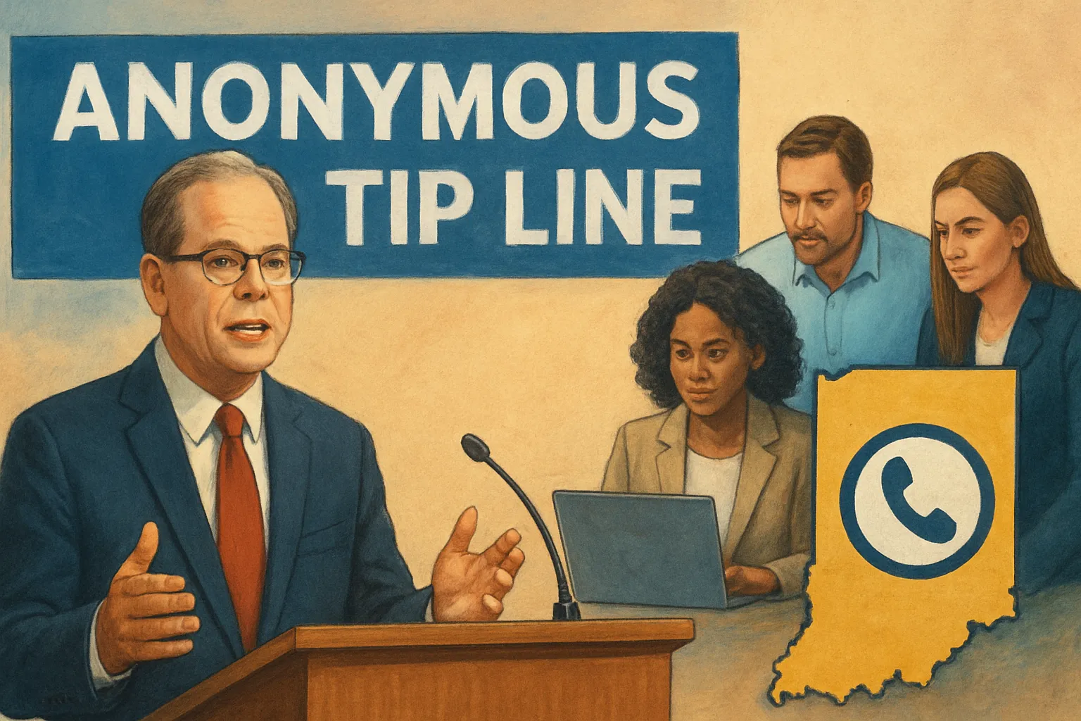 AI-generated illustration of the topic: Indiana to fund anonymous K‑12 school tip line with 'million‑dollar' investment, Braun says