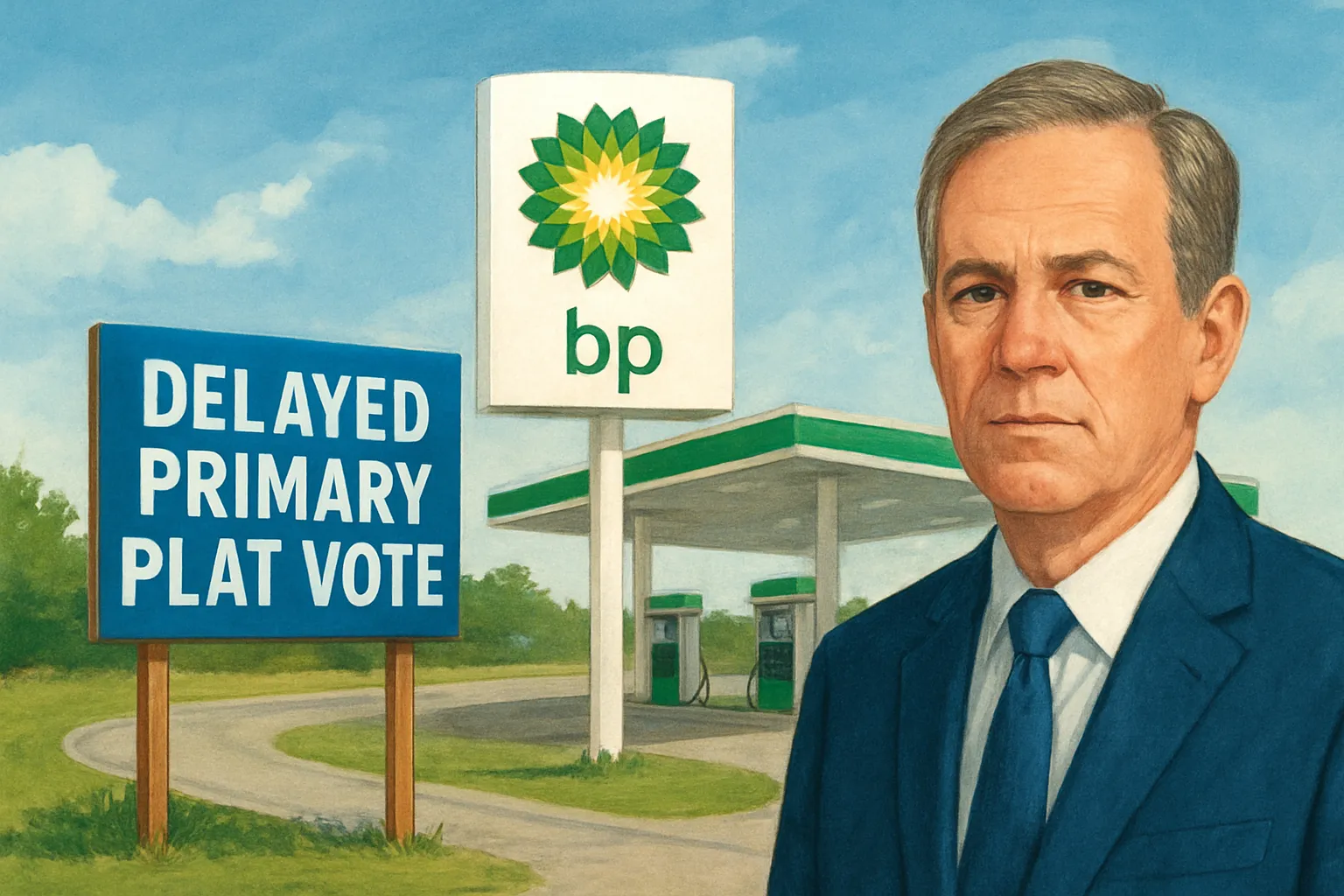 AI-generated illustration of the topic: Hancock County delays primary-plat vote for proposed BP station on U.S. 52; $5–6M project moved to Oct. 27 meeting