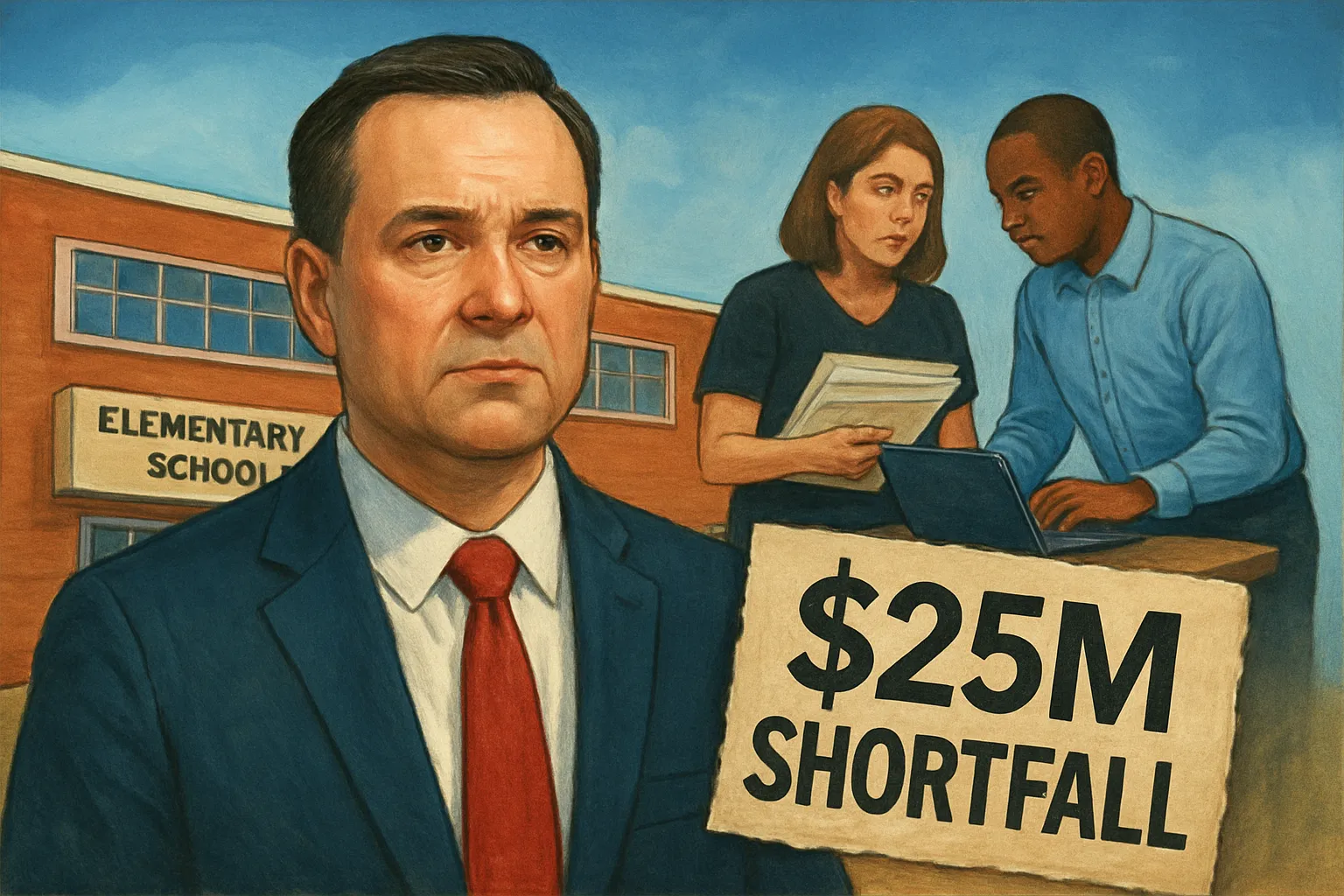 AI-generated illustration of the topic: Noblesville Schools warns $25M gap; could close an elementary and cut 20% of staff without referendum funding
