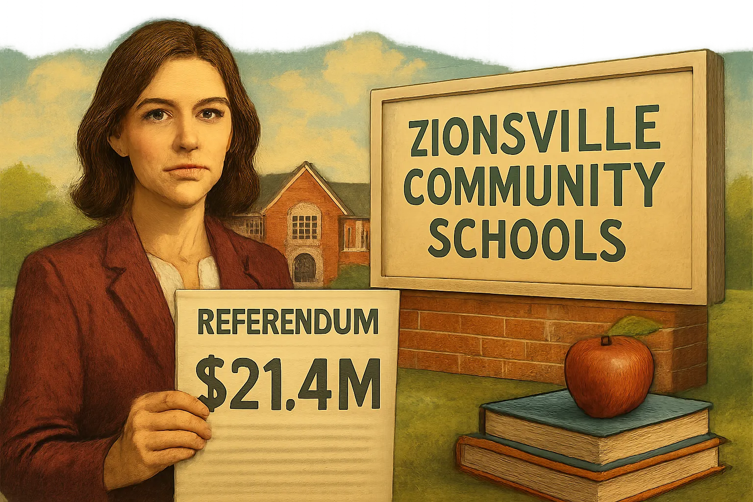 AI-generated illustration of the topic: Zionsville seeks $21.4M referendum to replace current levies, fund one-third of teachers’ salaries