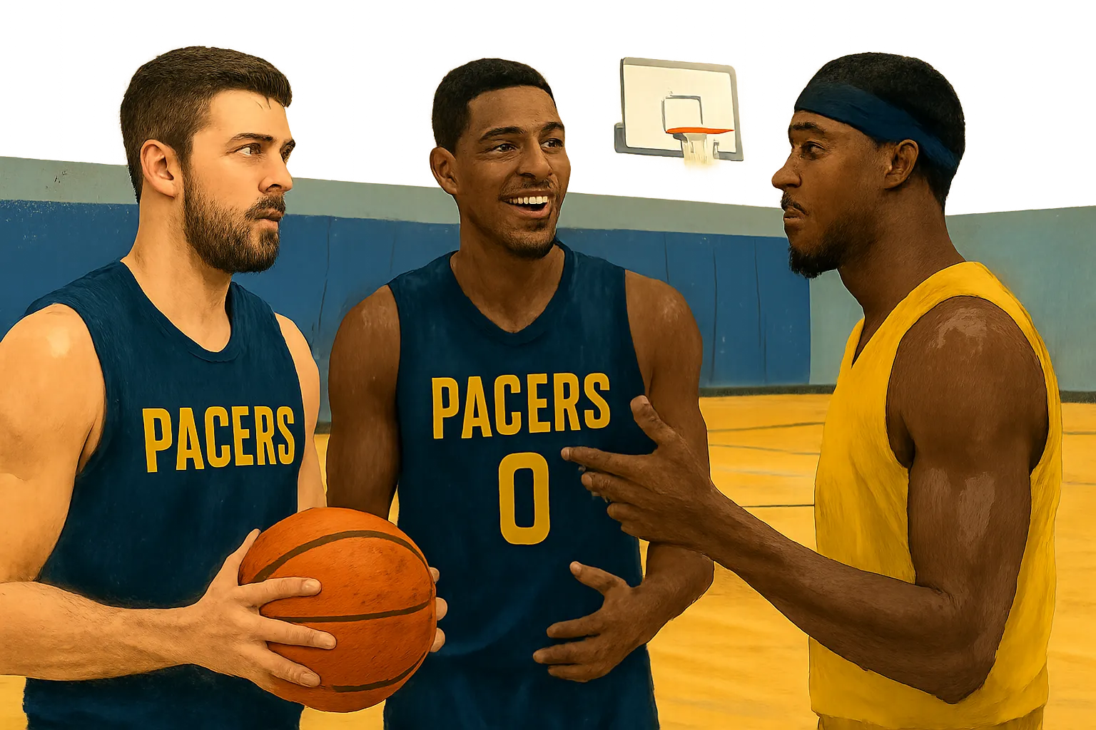 AI-generated illustration of the topic: Zubac, Haliburton and Siakam are quickly building chemistry after players-only minicamp, SI reports