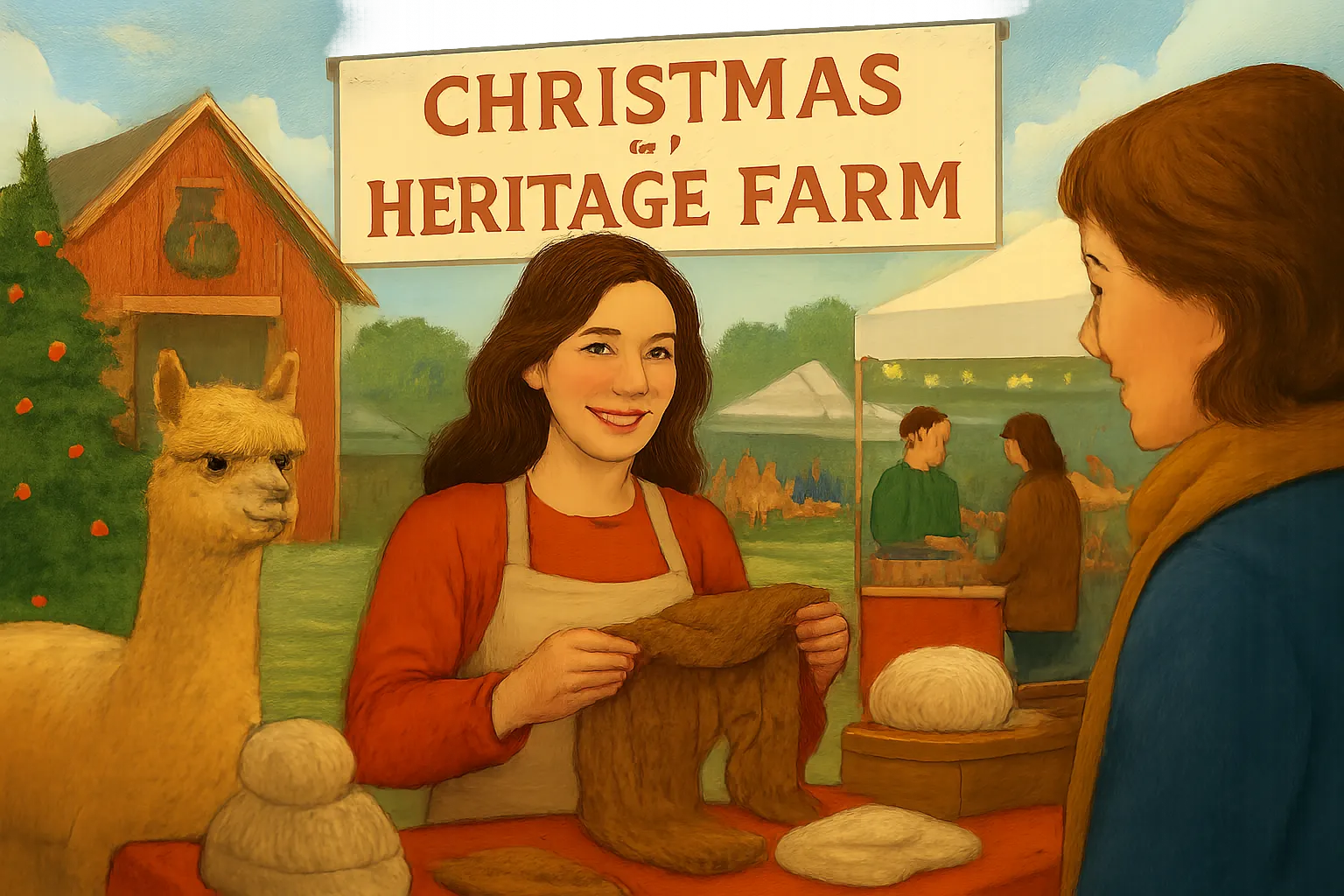 AI-generated illustration of the topic: Heritage Farm Alpacas in West Flora sets Nov. 14–15 Christmas market to sell alpaca-made goods