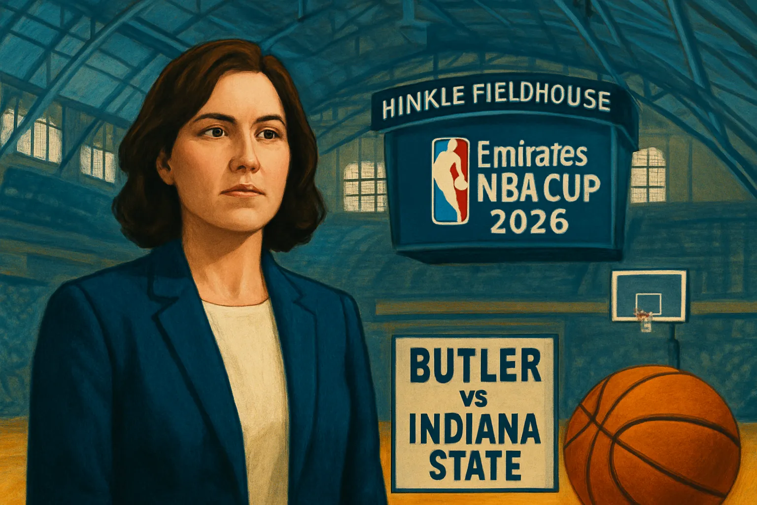 AI-generated illustration of the topic: Hinkle Fieldhouse to host Emirates NBA Cup Finals Nov. 11; Butler schedules two in-state exhibition games