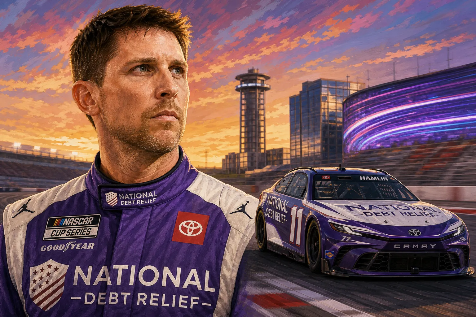 AI-generated illustration of the topic: Denny Hamlin wins Las Vegas pole as Toyota and JGR sweep qualifying front