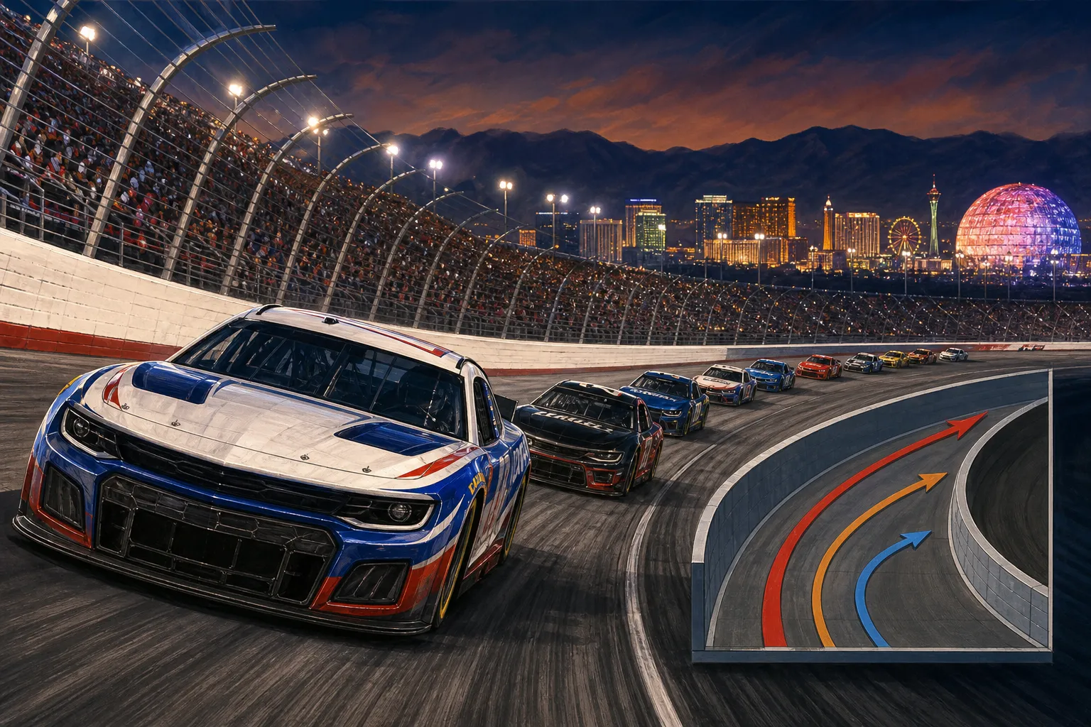 AI-generated illustration of the topic: Race guide: Las Vegas Motor Speedway — Cup Chase race 5 highlights strategy, track traits