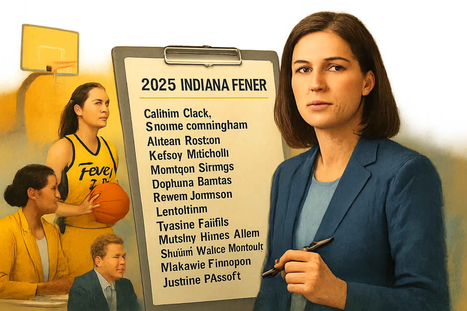 AI-generated illustration of the topic: SI lists Indiana Fever’s 2026 roster, highlights frontcourt additions, injuries and development-contract limits
