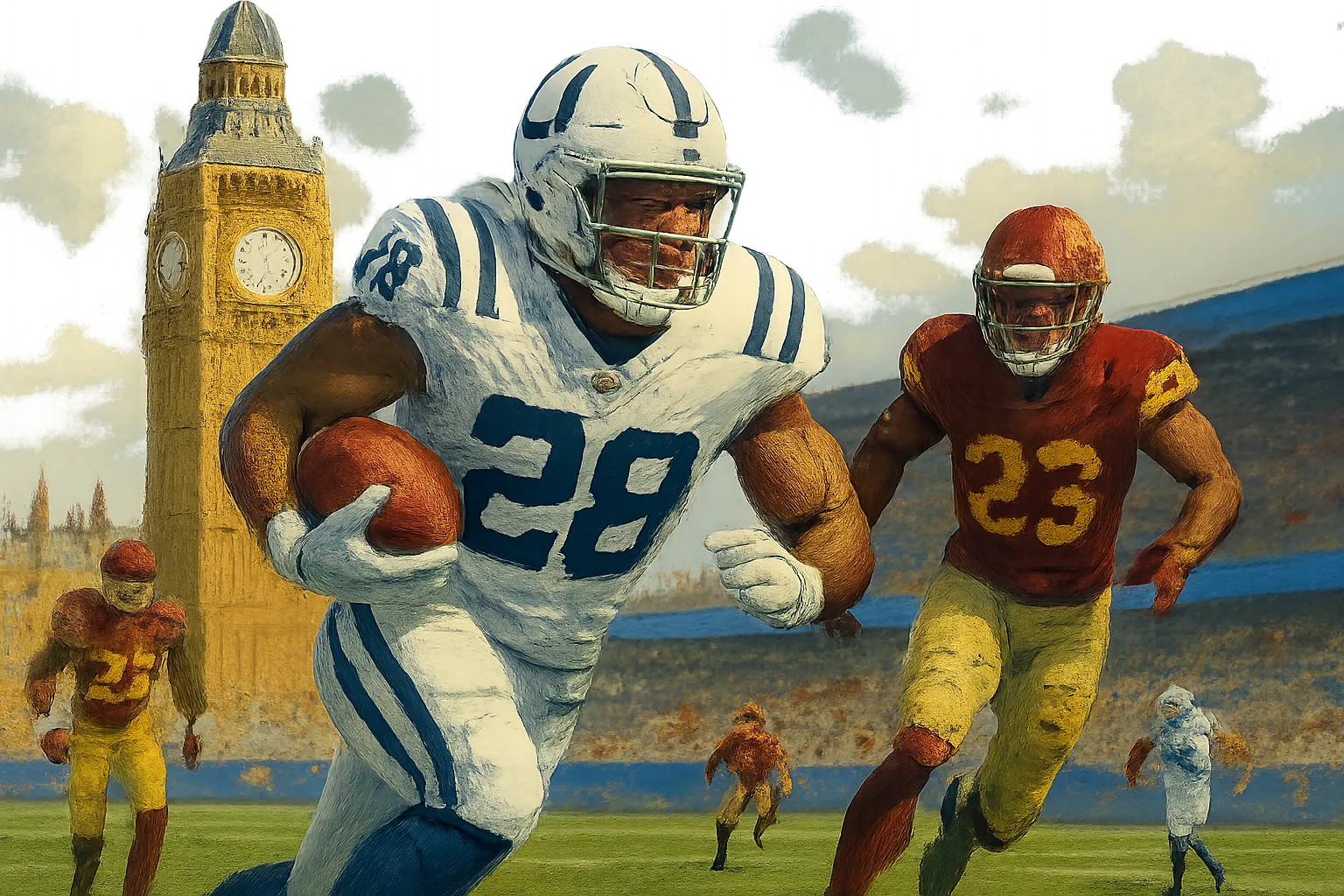 AI-generated illustration of the topic: Colts defeat Commanders in London; Taylor records fifth international touchdown