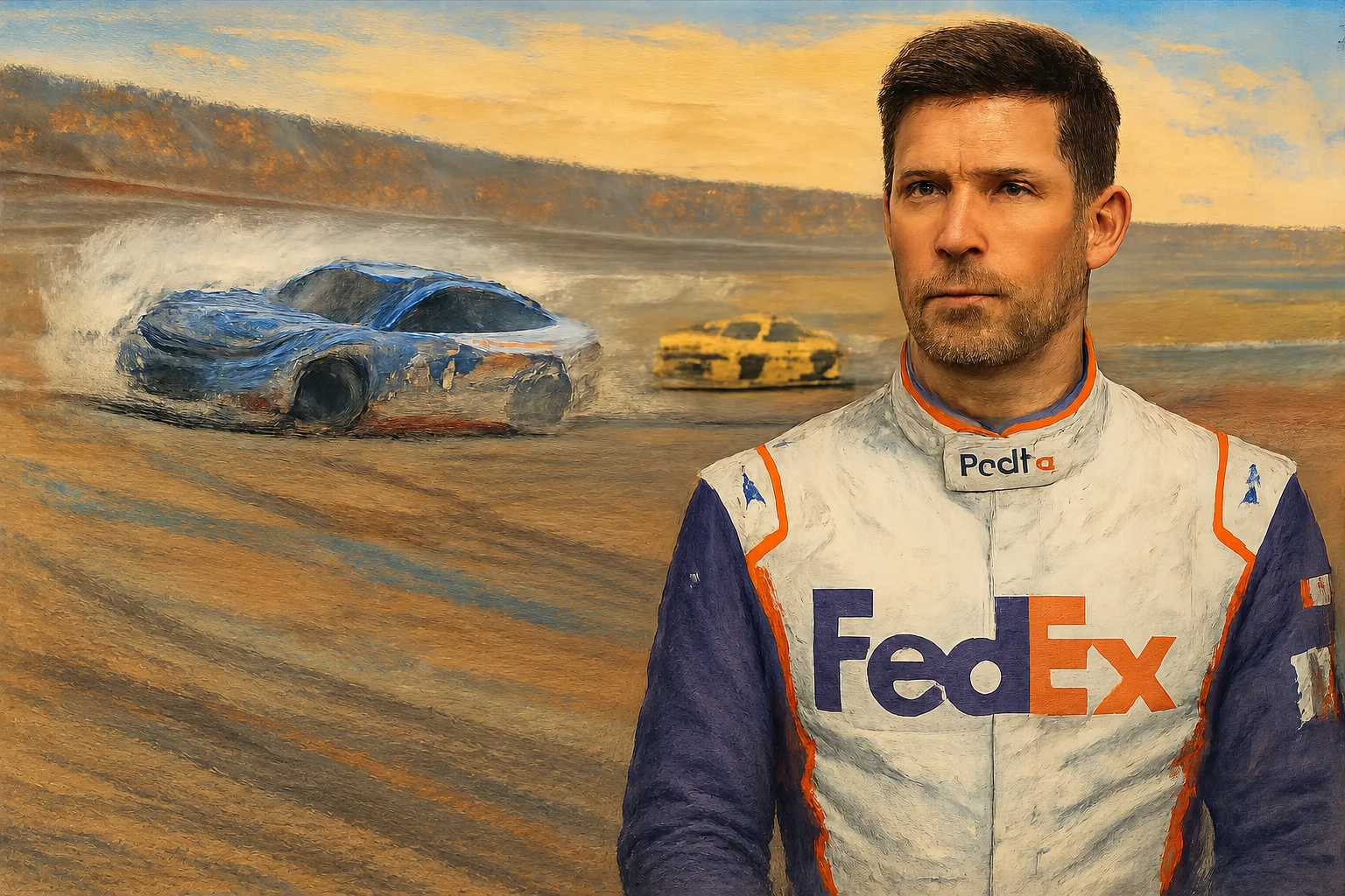 AI-generated illustration of the topic: Hamlin spins late in Stage 1; Briscoe leads early at South Point 400 in Las Vegas