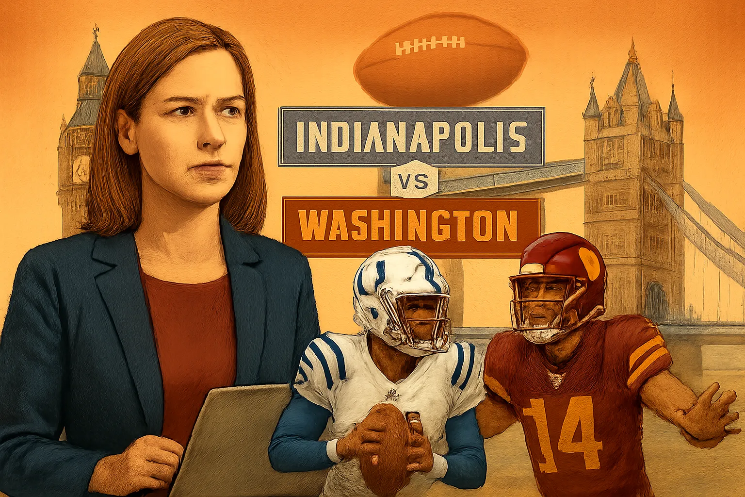 AI-generated illustration of the topic: FantasyAlarm preview: Colts vs. Commanders slated as Week 4 international game in London; Jayden Daniels' status questioned