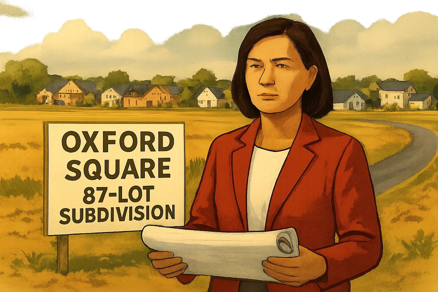 AI-generated illustration of the topic: Plainfield filing seeks rezoning and primary plat for 87‑lot Oxford Square subdivision on S. County Road 600 E