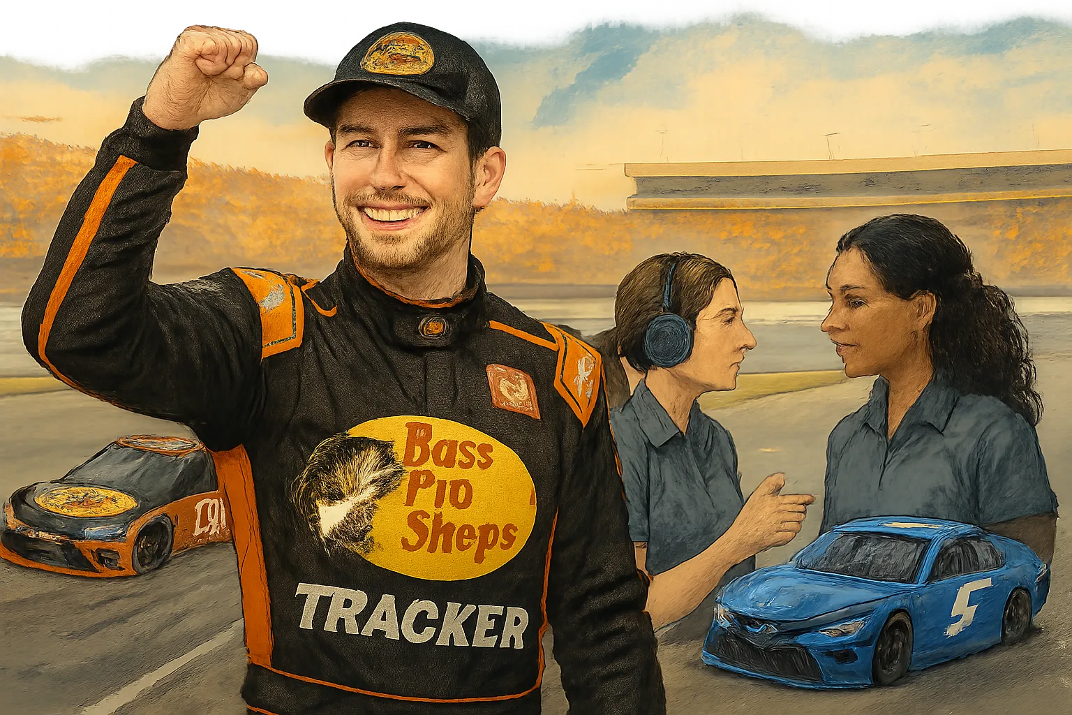 AI-generated illustration of the topic: Chase Briscoe wins South Point 400; Larson and Reddick tangle on final lap but keep podiums