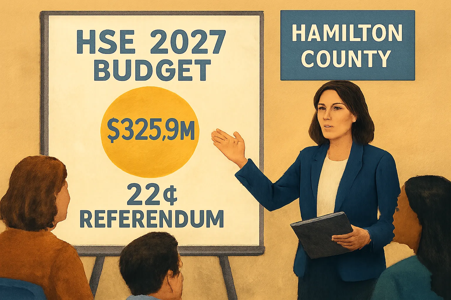 AI-generated illustration of the topic: HSE seeks 22-cent referendum, introduces $325.9M 2027 budget; public hearing Oct. 14