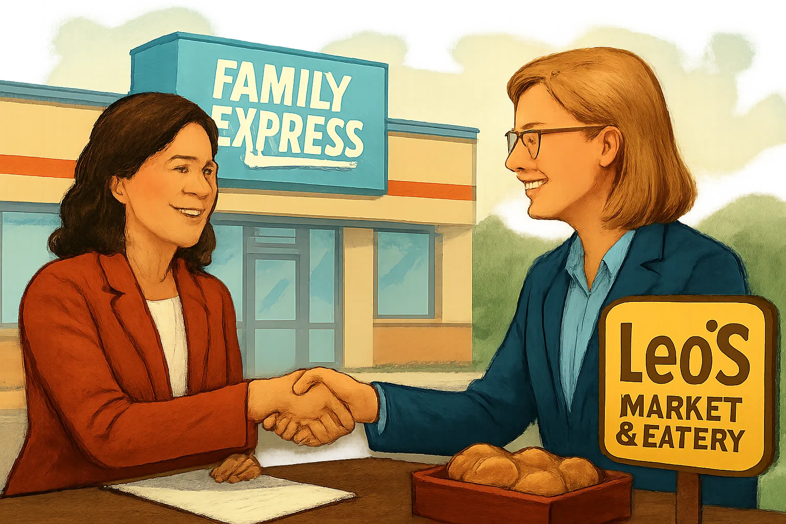 AI-generated illustration of the topic: Family Express to operate Leo’s Market & Eatery locations in Indianapolis area; Leo’s to focus on food