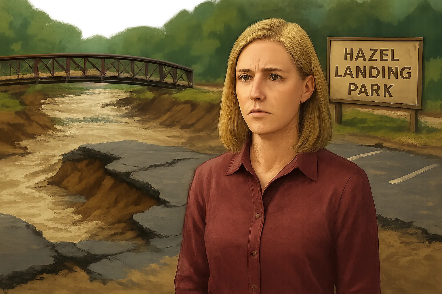 AI-generated illustration of the topic: Flood damage could keep Carmel’s Hazel Landing closed up to 2 years, CCPR says