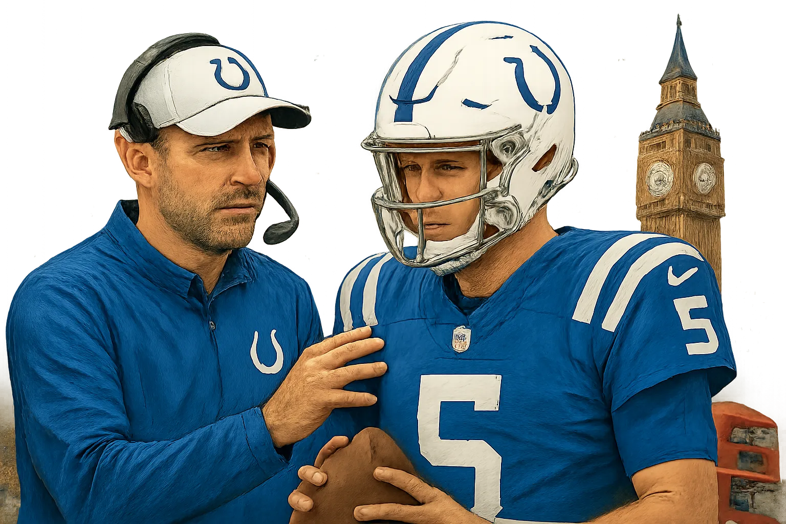 AI-generated illustration of the topic: Colts coach Shane Steichen backs Daniel Jones after London win; Jones tied for second-most NFL turnovers