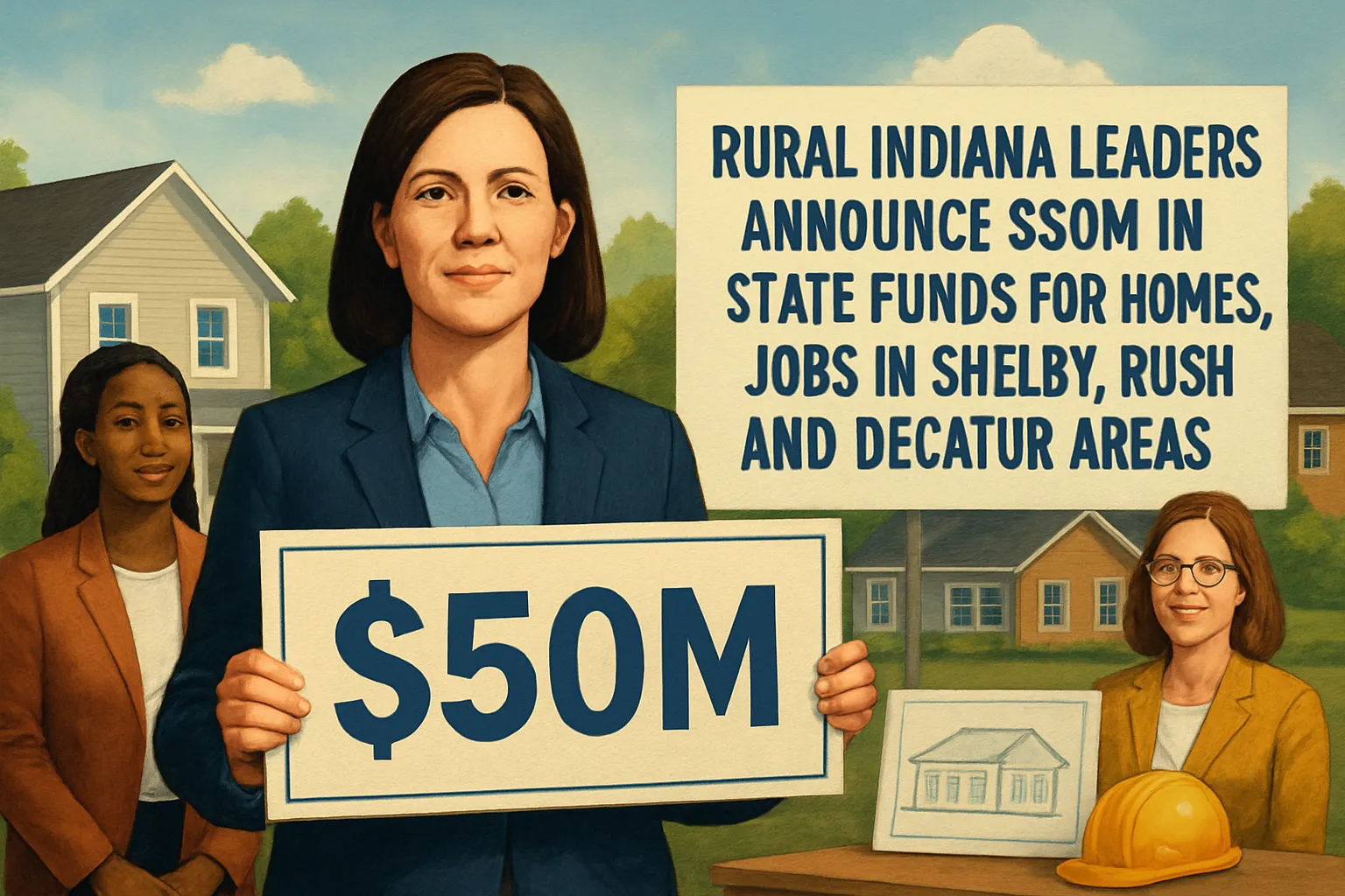 AI-generated illustration of the topic: Rural Indiana leaders announce $50M in state funds for homes, jobs in Shelby, Rush and Decatur areas