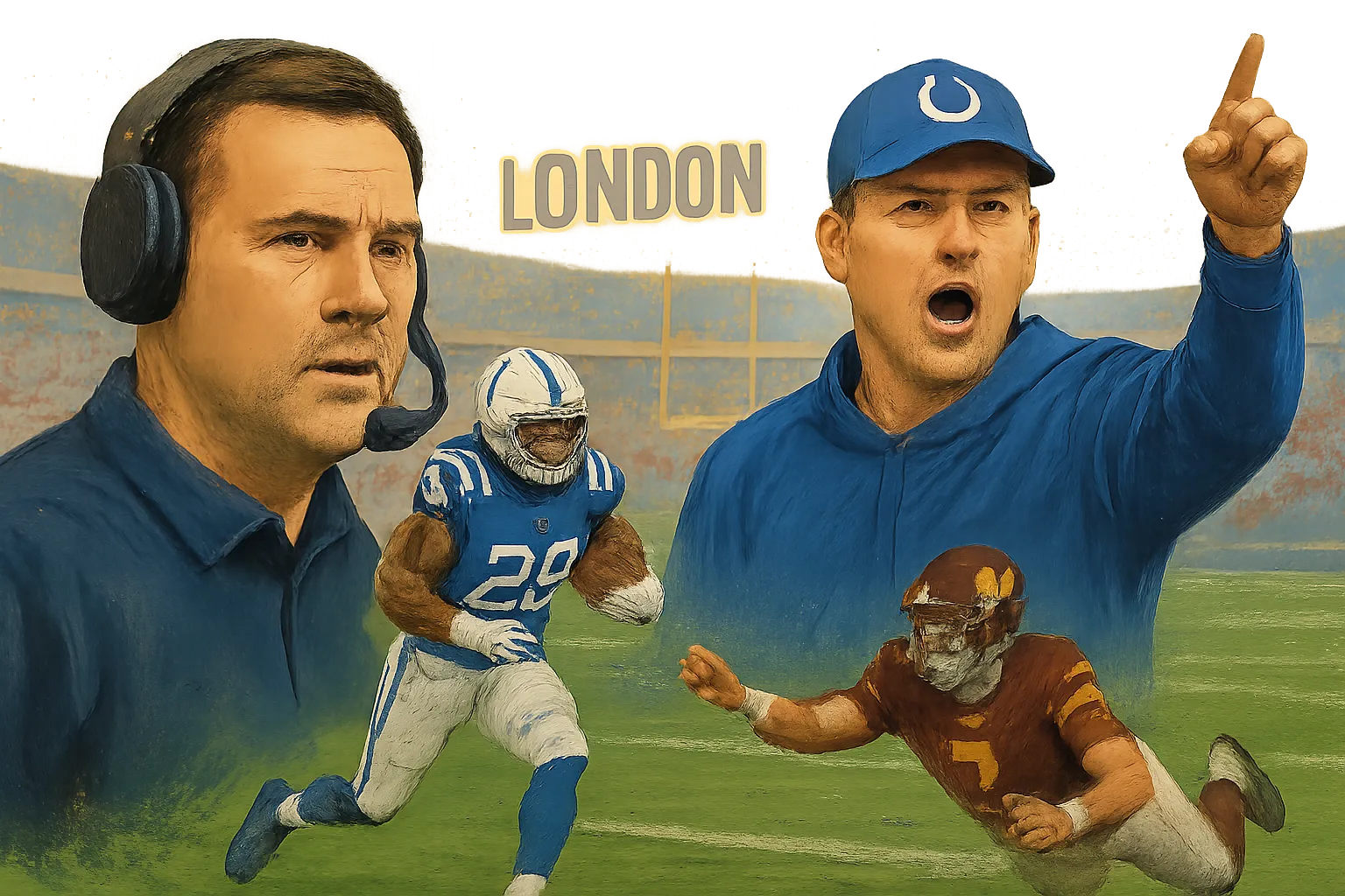 AI-generated illustration of the topic: Colts beat Commanders 30-13 in London; insider praises run call, flags Daniel Jones' turnovers