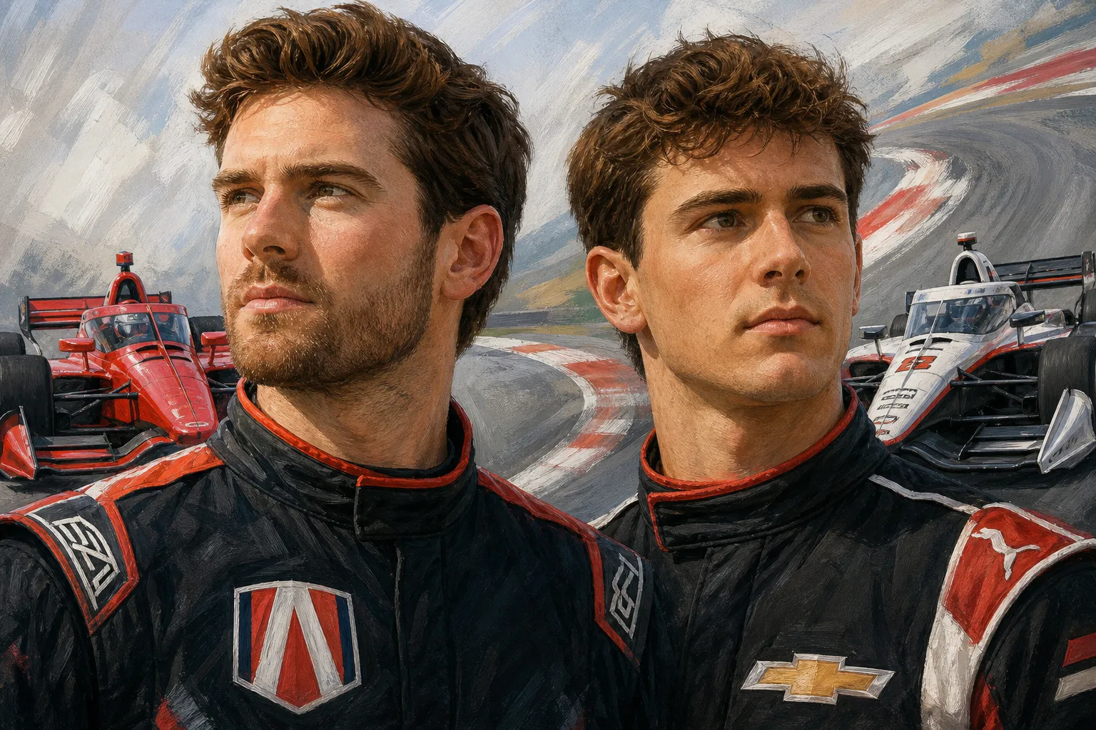 AI-generated illustration of the topic: 2022 rookies Kyle Kirkwood, David Malukas now rivals at top IndyCar teams after 2026 season