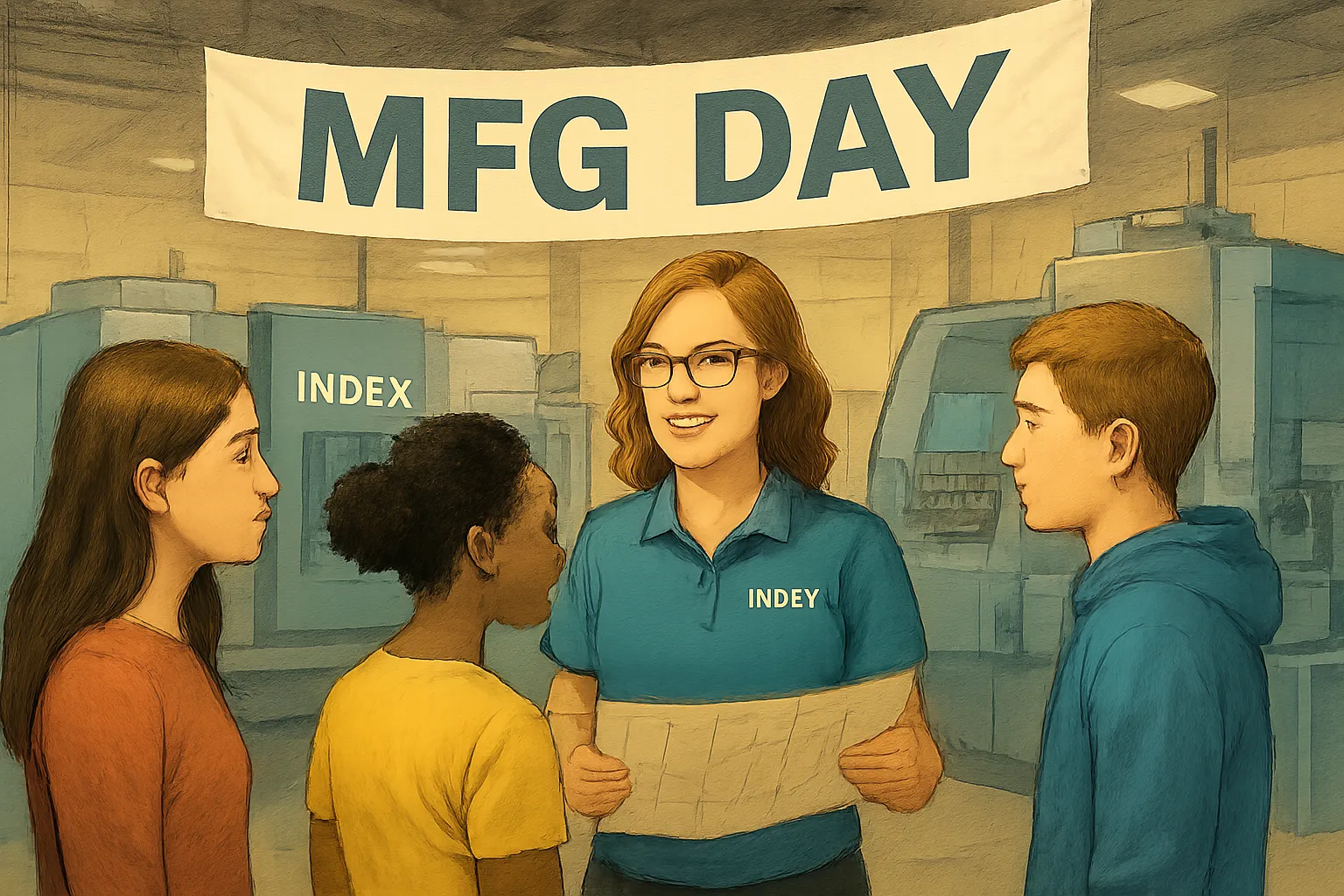 AI-generated illustration of the topic: Noblesville-based INDEX hosts 180+ students Oct. 2 for MFG Day to show manufacturing career paths