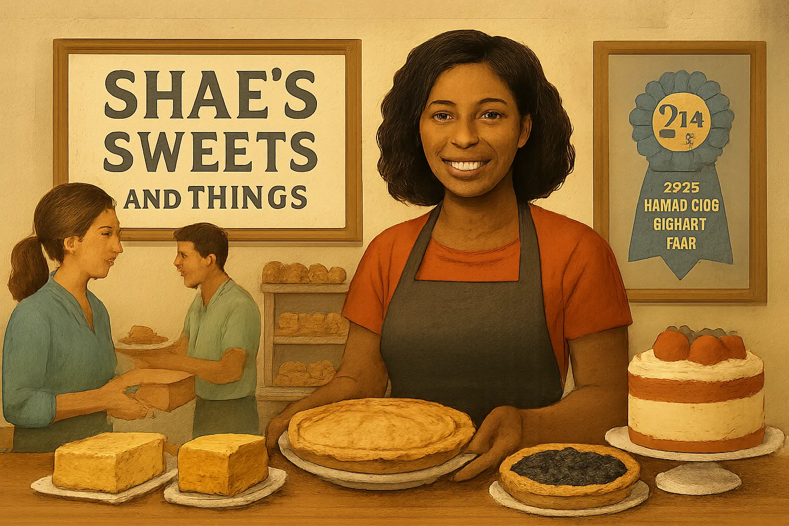AI-generated illustration of the topic: Shae’s Sweets and Things: Indianapolis-area cottage bakery sells southern desserts, wins 2025–26 fair prizes