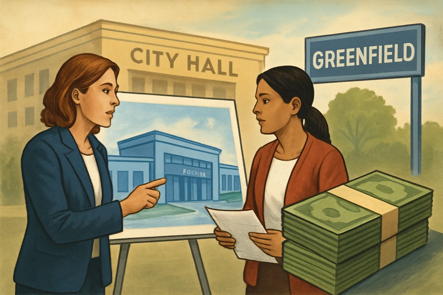AI-generated illustration of the topic: Greenfield council approves lease financing to fund new police station; tax levy will cover rental payments