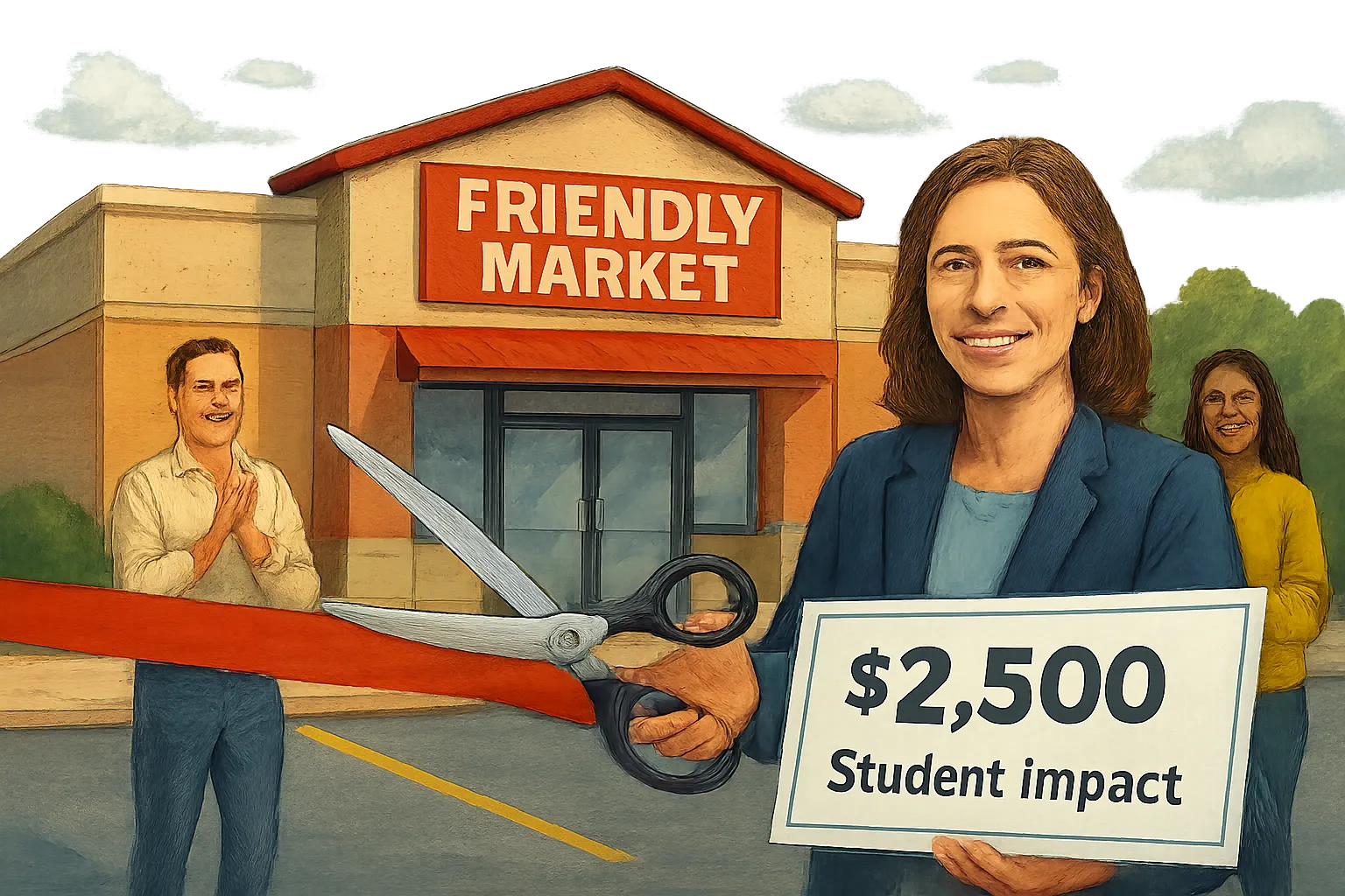 AI-generated illustration of the topic: Mann brothers open Friendly Market at Wheeler Road and 181st in Westfield; give $2,500 to Student Impact