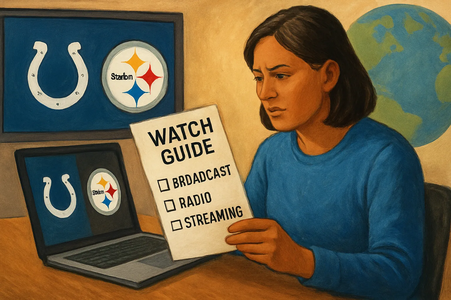 AI-generated illustration of the topic: Colts at Steelers (Oct. 11, 2026): broadcast, radio and streaming options