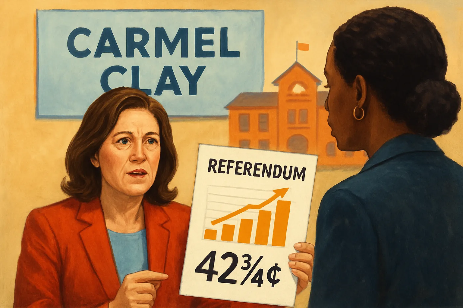 AI-generated illustration of the topic: Carmel Clay referendum would replace two levies and authorize up to 42.74¢ school tax rate, above today’s 24¢