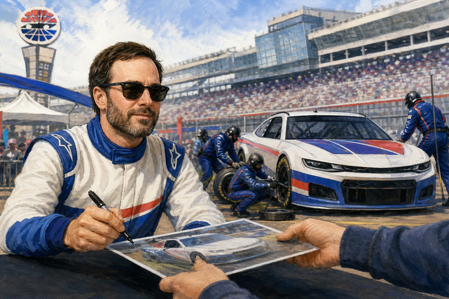 AI-generated illustration of the topic: Charlotte Motor Speedway posts Bank of America 400 Fan Days schedule with driver autograph sessions, panels and Fan Fest