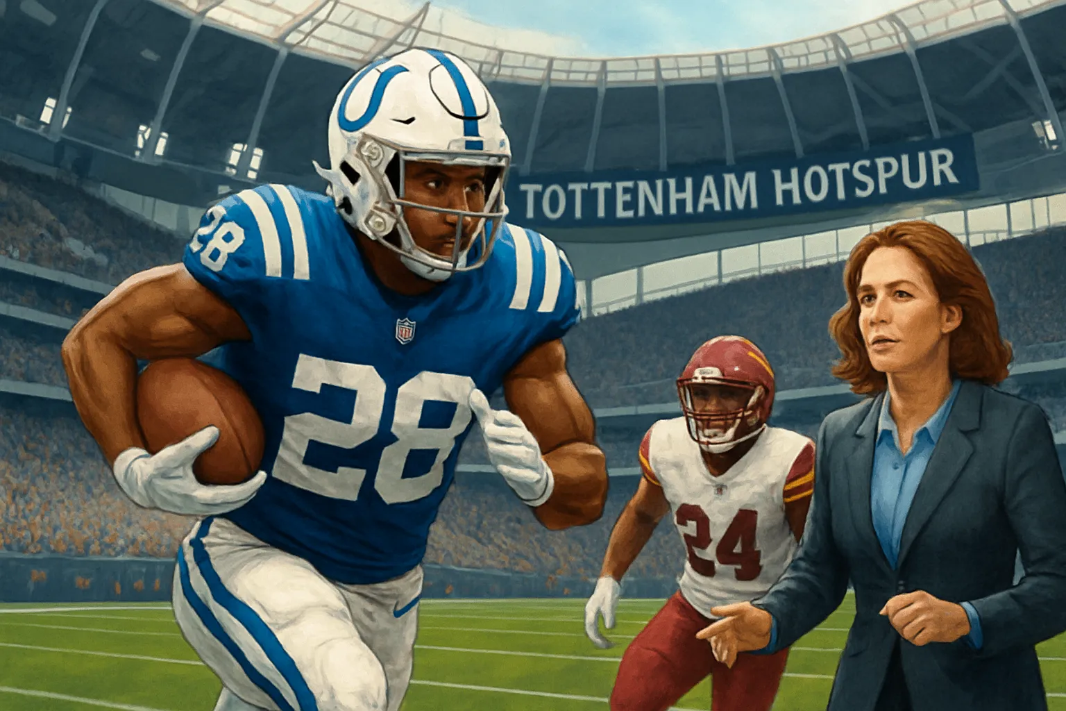 AI-generated illustration of the topic: Colts beat Commanders 30-13 in London; Jonathan Taylor rushes for 95 yards and two TDs