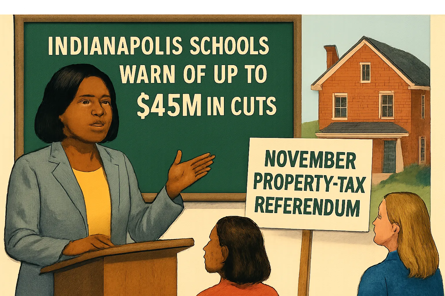 AI-generated illustration of the topic: Indianapolis schools warn up to $45M in cuts; November property-tax referendum would add about $115/year to a $150K home