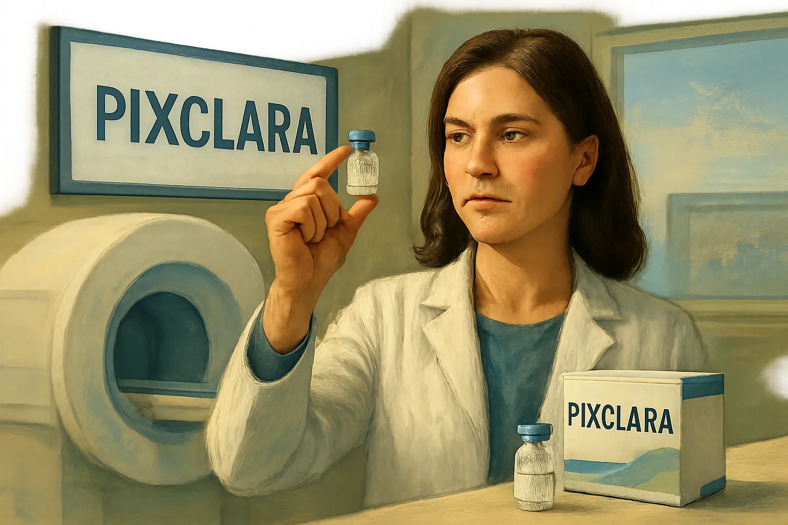 AI-generated illustration of the topic: Telix says first U.S. Pixclara doses given; press release datelined Indianapolis marks U.S. commercial start