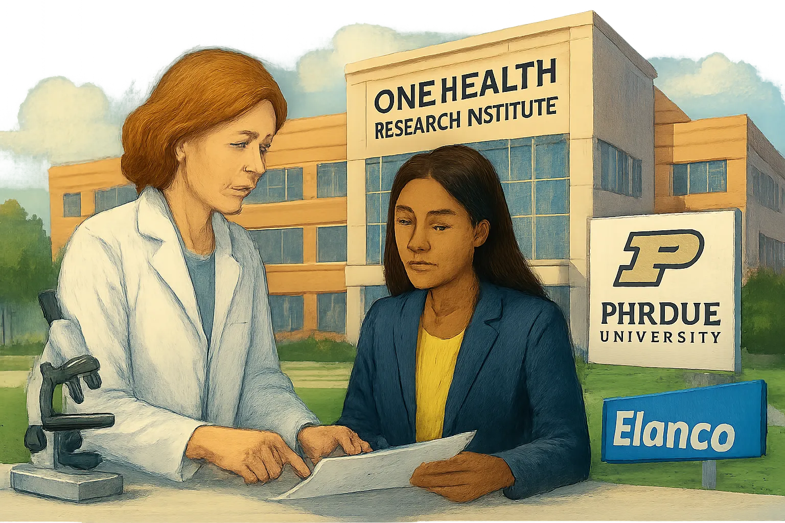 AI-generated illustration of the topic: Purdue and Elanco named anchors for planned 150,000-sq-ft One Health Research Institute in Indianapolis