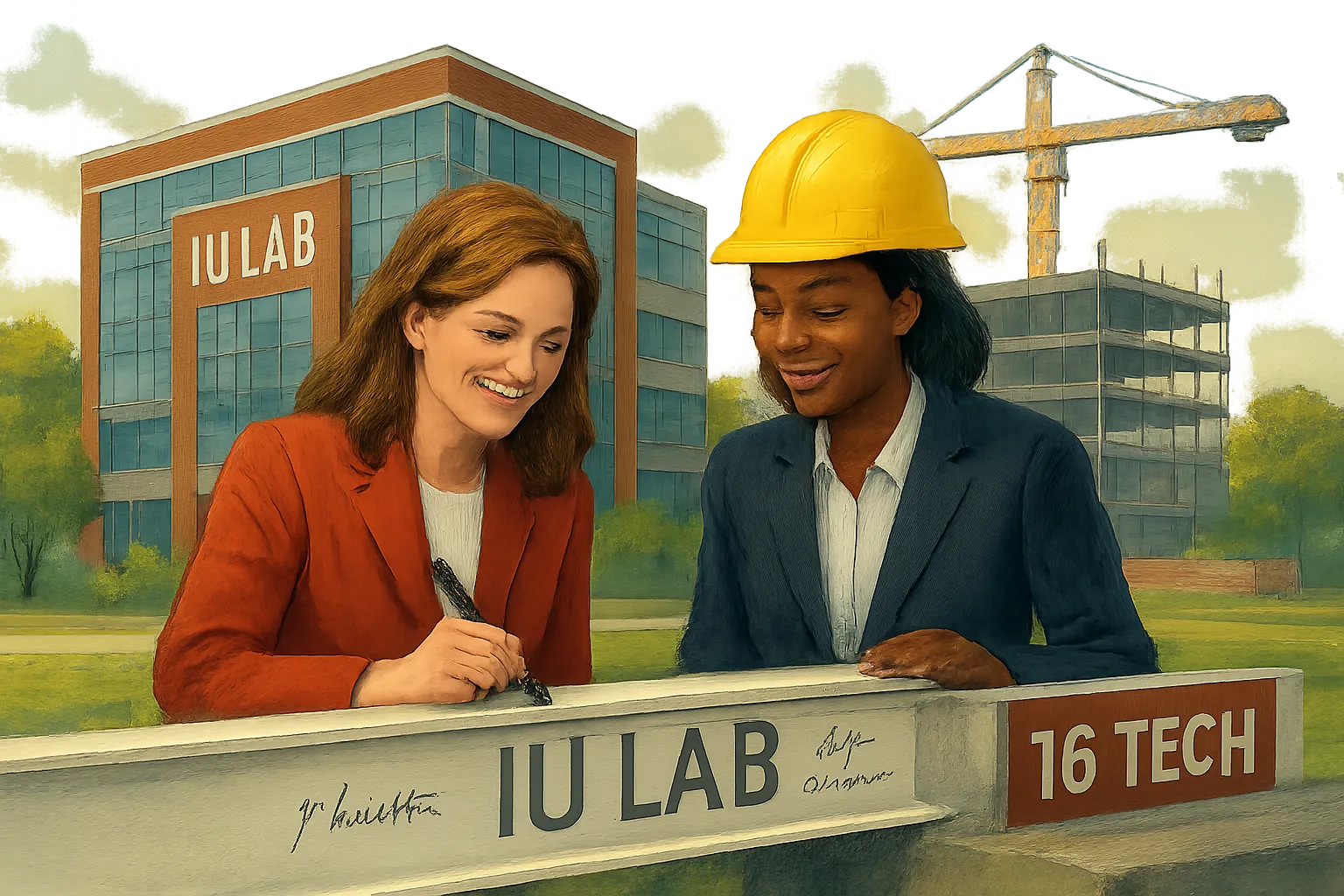 AI-generated illustration of the topic: IU signs final beam for IU LAB at 16 Tech, a planned anchor for Indiana’s bioscience ecosystem