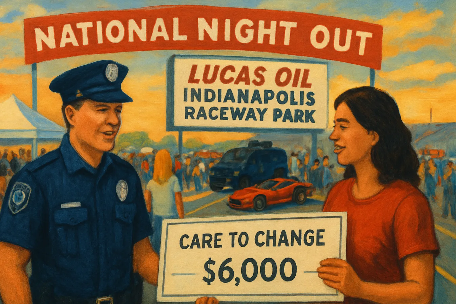 AI-generated illustration of the topic: Brownsburg shifts National Night Out to Lucas Oil Indianapolis Raceway Park, adding room for vendors and activities