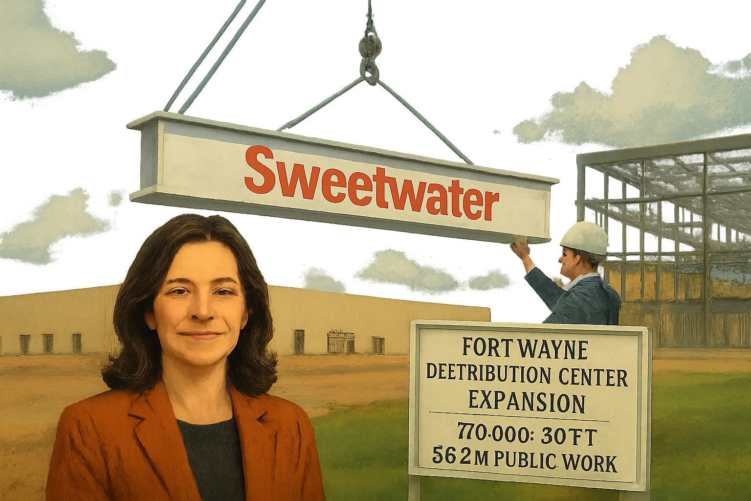AI-generated illustration of the topic: Sweetwater’s Fort Wayne distribution expansion will add nearly 170,000 sq ft and $6.2M in public work