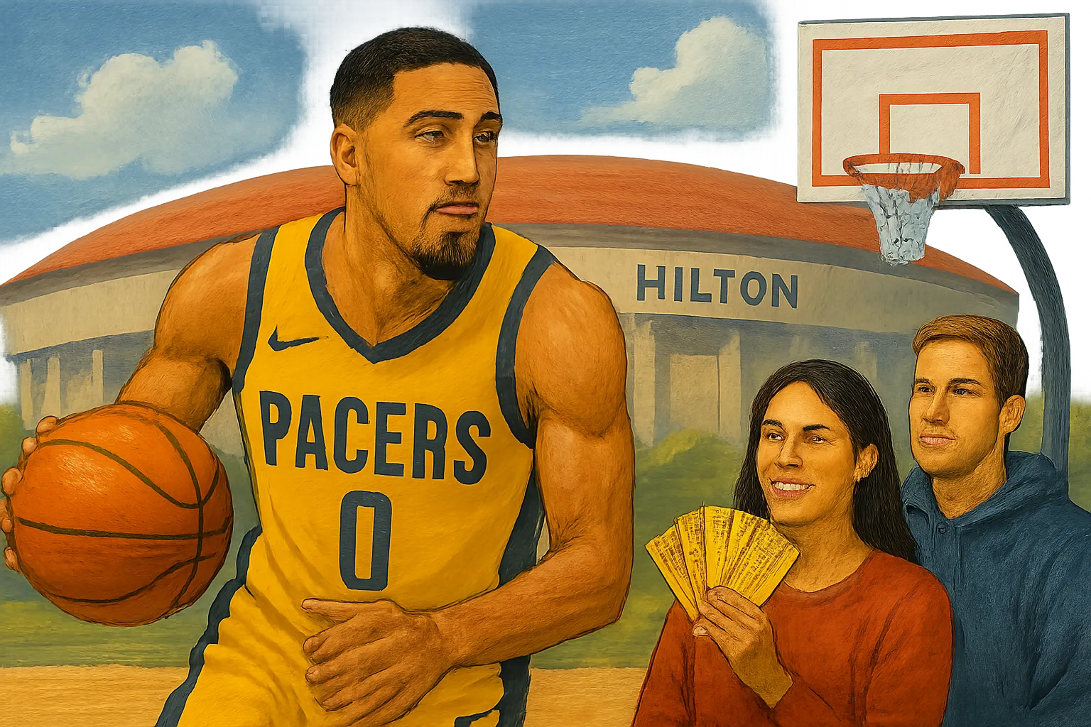 AI-generated illustration of the topic: Pacers open 2026 preseason with special tip in Ames; Haliburton expected limited minutes