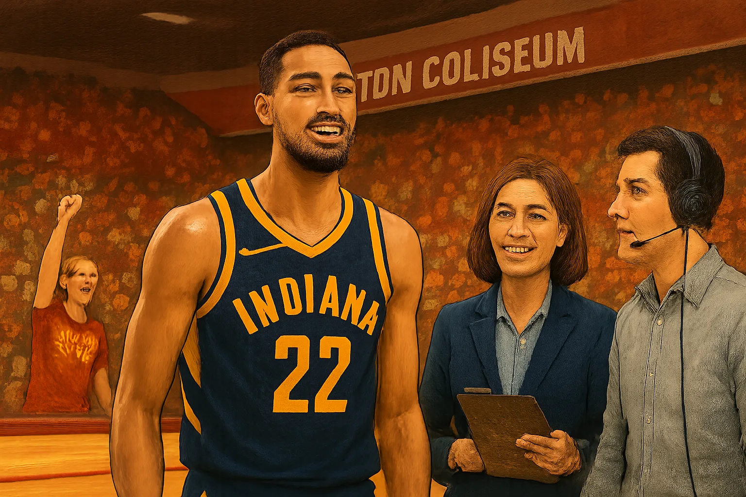 AI-generated illustration of the topic: Tyrese Haliburton ends 472-day absence with 16-minute preseason return at Hilton Coliseum; Pacers win 123-112