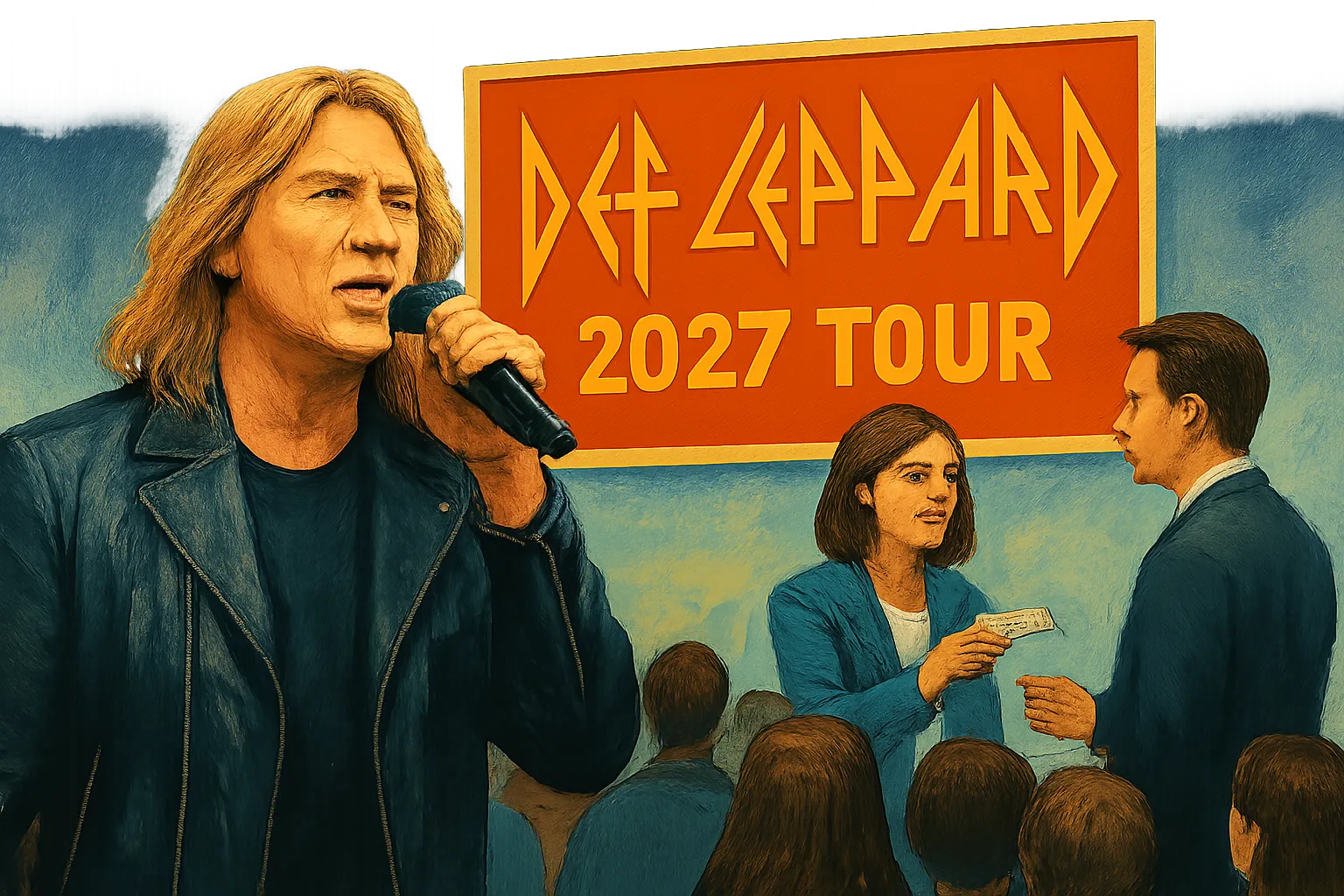 AI-generated illustration of the topic: Def Leppard’s 45-date 2027 North American tour is scheduled to end July 2, 2027 in Indianapolis; tickets go on sale Oct. 16
